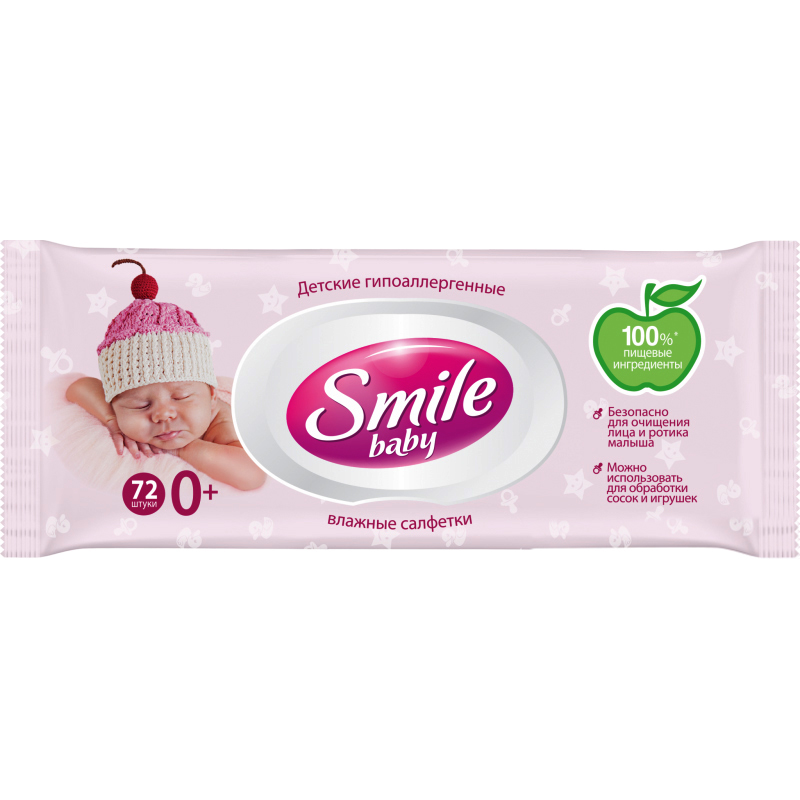 

Детские влажные салфетки для новорожденных Smile Baby Newborn, с клапаном, 72 шт.