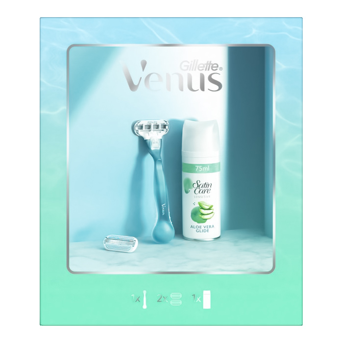 

Подарочный набор для женщин Venus: Ручка для бритвы Smooth, 2 сменные кассеты, гель для бритья Satin Care для чувствительной кожи 75 мл