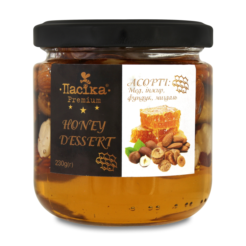 

Мед инжир фундук миндаль Honey dessert Premium Пасіка с/б 230г
