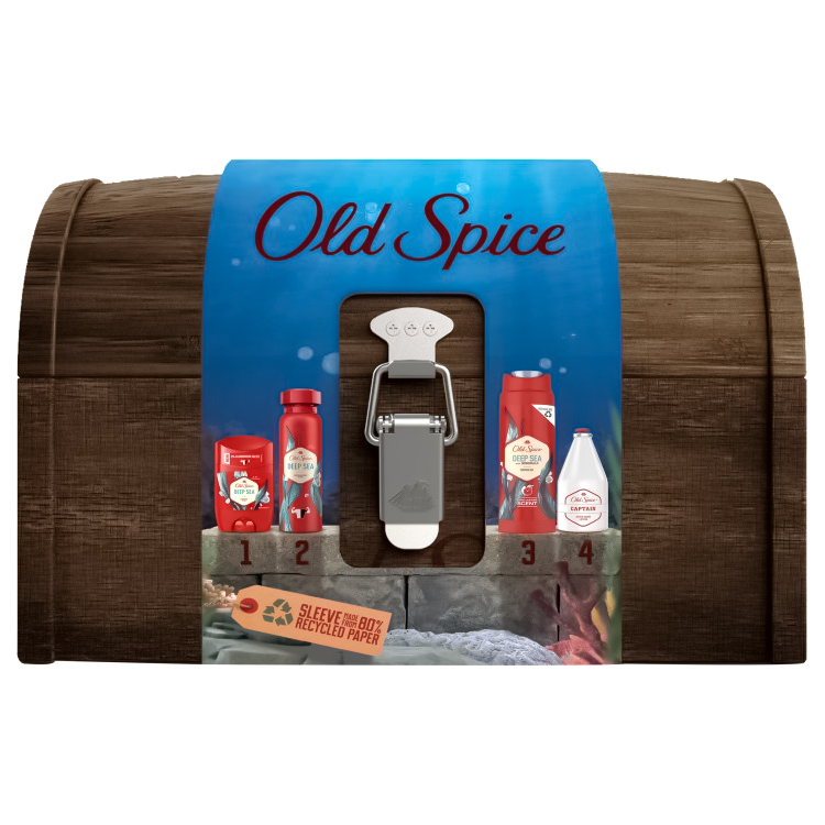

Подарочный набор для мужчин Old Spice Treasure Chest: Твердый дезодорант 50 мл, аэрозольный дезодорант 150 мл, гель для душа Deep Sea 250 мл, лосьон после бритья Captain 100 мл