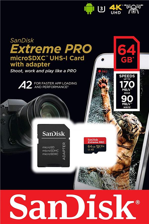 

Карта памяти SanDisk 64GB microSDXC C10 UHS-I U3 R170 / W90MB / s Extreme Pro V30 + SD