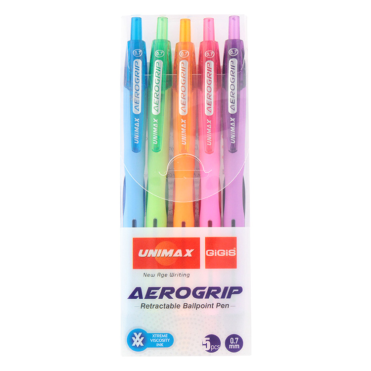 

Набір кулькових ручок Unimax Aerogrip-3, 5 кольорів чорнила