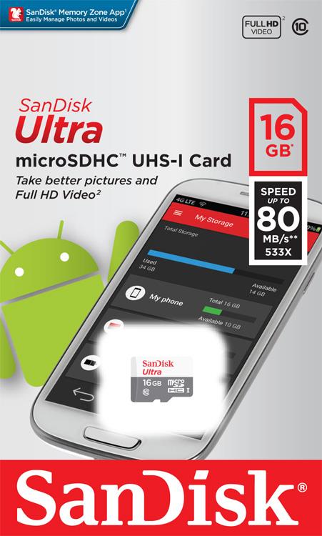 

Карта памяти SanDisk 16GB microSDHC C10 UHS-I R80MB / s Ultra